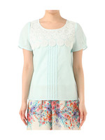 コットンレースフロント切り替えブラウス/ブルー系(020)