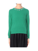 ビジュー使い鹿の子編み切り替えニット/グリーン(022)