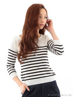 ビジュー付きボーダーニットトップス/ブルー