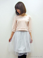 ビジュー付裏毛トップス×チュールスカート/ライトピンク