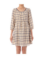格子プリントタック使い七分袖ワンピース/ベージュ系(204)