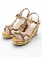 Tストラップタブルリボンウェッジサンダル/イエロー雑材