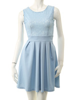 【ECURY】レース切替フィットアンドフレアワンピース/サックス