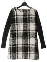 【1stline】袖リブチェックワンピCL−0470/WHBK