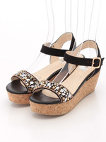 ビジューパーツコルクウェッジサンダル/BLACK