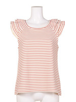 ボーダー肩フリルノースリカット/レッド