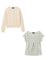 [L]ウィンドウペンブラウス+ベーシックカーディガンSET/ホワイト(003)