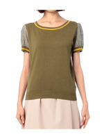 オーガンジー切り替え配色ラインニット/カーキ系(027)