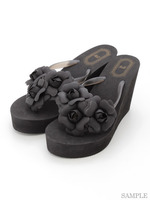 ハイウェッジフラワービーチサンダル/ブラック