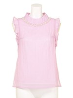 メッシュフリルビジューブラウス/ピンク