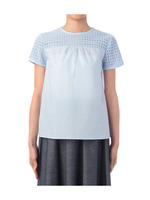 レース切り替えクルーネックブラウス/ライトブルー(091)