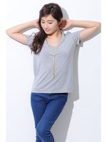 VネックBカット半袖TOP/GRAY