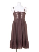 【SWEET PRICE】フラワー刺繍レースアップワンピース/茶