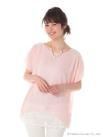 ネック付レース切替シフォンＴＯＰＳ/ピンク