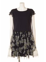 チュールフラワープリントドッキングワンピース/ネイビー