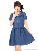 【Tralala】ダンガリーシャツワンピース/ミディアムブルー