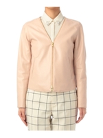 Vラインノーカラーレザー調ジャケット/ピンク系(071)