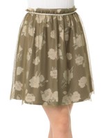 チュール付き花柄ギャザースカート/カーキ