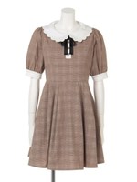 グレンチェックスカラップ衿OP/ブラウン