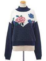 フラワーインターシャニット/ピンクベージュ