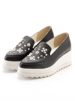 【R&E】白厚底フラワービジューローファー/ブラック