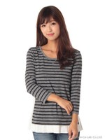ボーダー切替７分袖ＴＯＰＳ/グレー