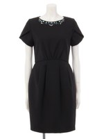 ネックビジューコクーンワンピース/ブラック