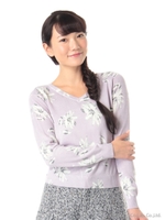 Vネックフラワープリントプル/ライトブルー