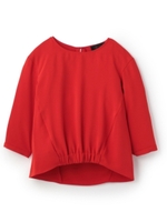 [L]裾シャーリングクルーネック七分袖ブラウス/レッド(062)