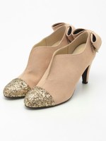 【vanitybeauty】【ヒール高め】バックリボンブーティ/ベージュスエード