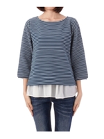 リップルボーダー異素材使い7分袖カットソー/ブルー系(322)