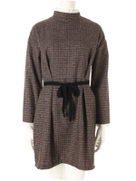 プチハイネック格子柄ワンピース/ブラウン