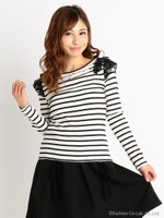 【Tralala】フリル袖テレコトップス/ブラック