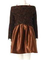 サテンタックフレアワンピース×ニットショールトップスセット/ブラウン