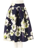 ダイバーフラワータックフレアミディスカート/ネイビー
