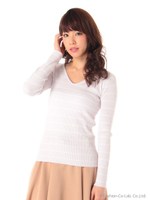 ボーダー柄Vネックトップス/ホワイト