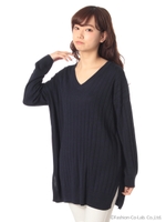 ・Vネックリブニットチュニック/Navy