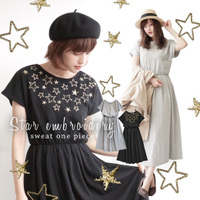 お星様刺繍 ウエストギャザーフレンチワンピース