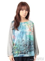 コットンシフォン水彩海辺×街並プリントブラウス/ブルー