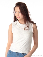 ノースリーブボトルネックパール付レーストップス/ベージュ