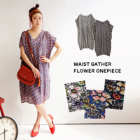 レトロ柄 Vネック ウエストギャザーワンピース