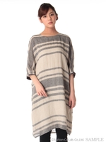 リネンコットンランダムボーダーワンピース/グレー