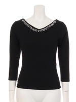 5分袖ビジュー調プルオーバー/黒