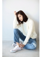 【AZUL by moussy】アラン柄クロプト丈ニット/T.GRY