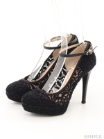 【R&E】オールレースアンクルストラップ付アーモンドトゥパンプス/アイボリー