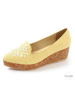 フラワーストーンコルクウェッジパンプス/イエロー