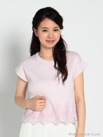 裾刺繍レースボトルネックニット/シロ