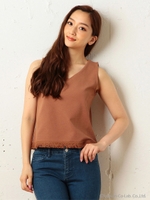 裾フリンジノースリーブカットトップス/ネイビー