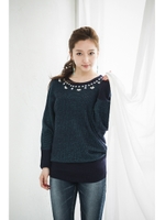 【AZUL by moussy】AC100 7G片畔ビジュードルマン長袖プルオーバー/柄NVY