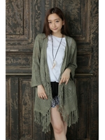 【AZUL by moussy】C100%7G透かしフリンジ7分T/Bトッパー/KHA